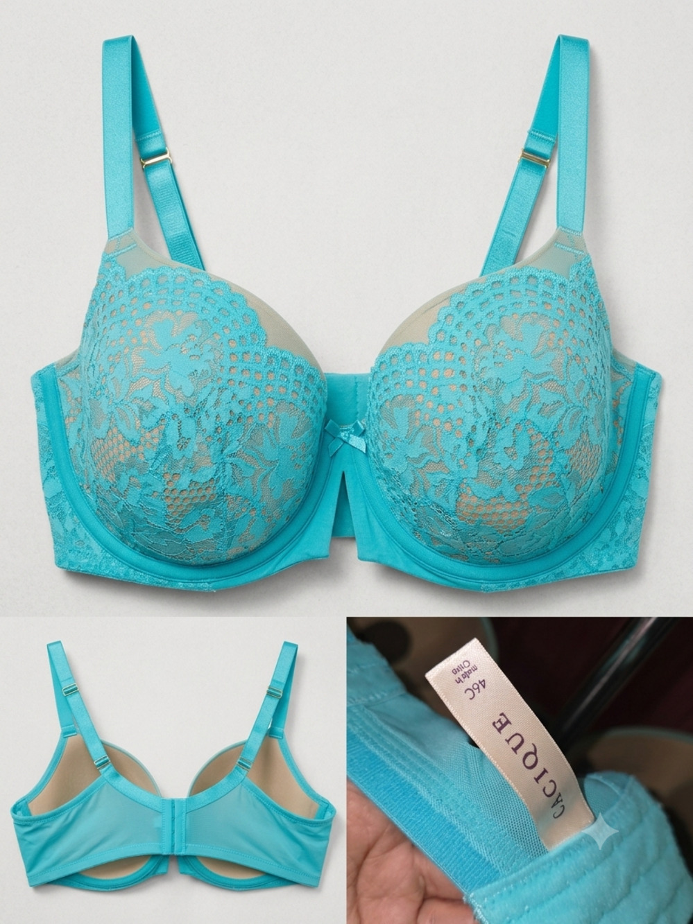 Cacique Lane Bryant Turquoise Lace Balconette Bra 46C (MSRP $55)